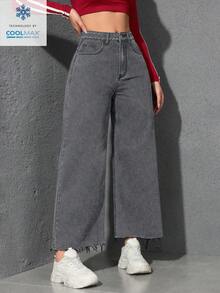 SHEIN Unity Celana Jeans Wanita Model Lebar dengan Saku dan Kancing, Kasual, Serbaguna untuk Pemakaian Sehari-hari - Light Grey - View 4