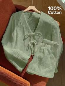 SHEIN EZwear 新款春夏梭织棉麻女士休闲家居服套装，灰绿色 - 橄欖綠 - 查看 1