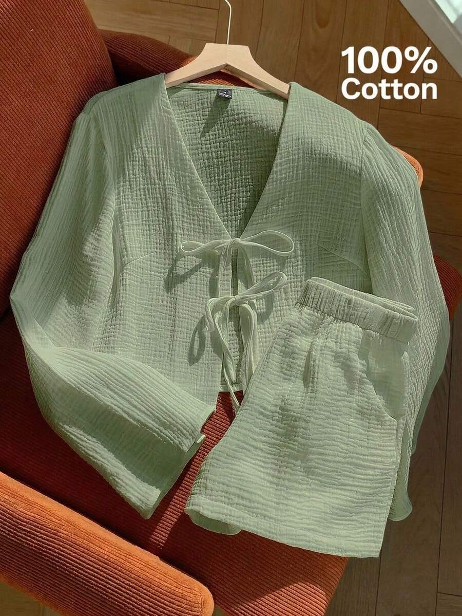 SHEIN EZwear 新款春夏梭织棉麻女士休闲家居服套装，灰绿色 - 橄欖綠 - 查看 1