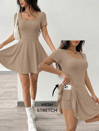 SHEIN EZwear Light Khaki Knit Square Neck Casual Sports Mini Dress For Women Wholesale Dress Womens Summer Dresses Women Dress High Quality Dress Women Clothing