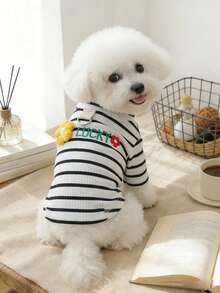 PETSIN 1pc Striped Pet High Neck Base Shirt LUCKY Embroidered Three-Dimensional Flower, With Traction D-Ring Cat And Dog Universal T-Shirt - Black and white bars - View 2