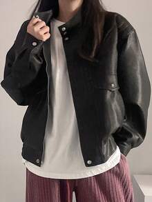 DAZY Chaqueta holgada con cuello alto y efecto desgastado para mujer, chaqueta de cuero de otoño - Negro - Ver 7