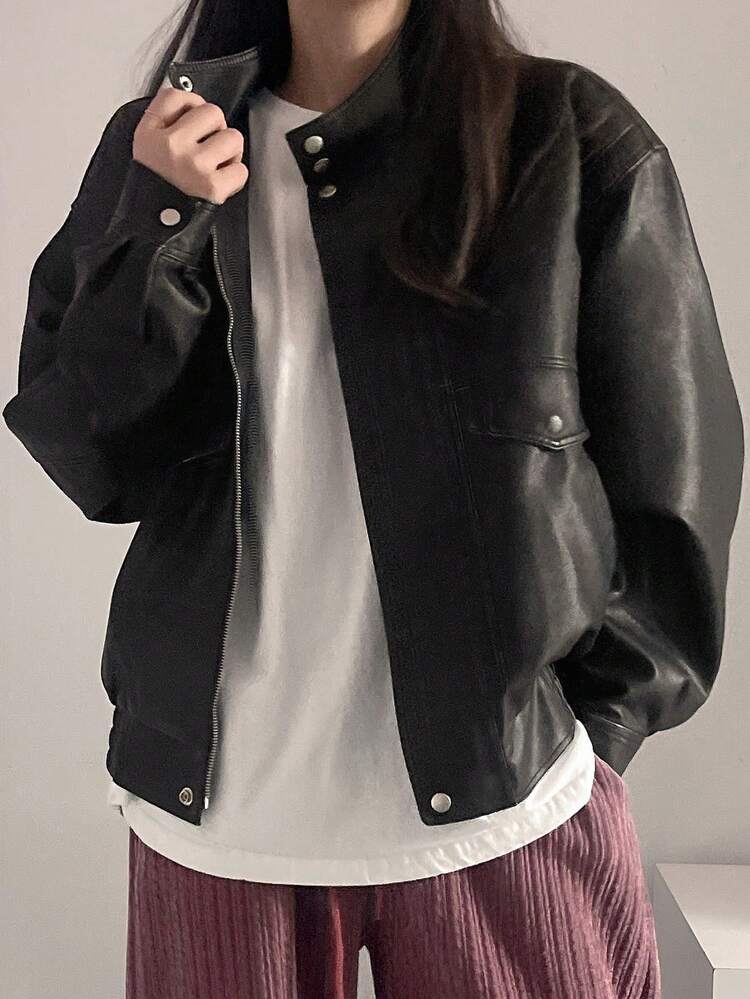 Women's Loose Fit Stand Collar Distressed Jacket,Fall Clothes Leather Jacket