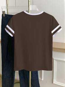 Resyla Camiseta de manga corta con cuello redondo y bloques de color para mujer de talla grande - Marrón - Ver 2
