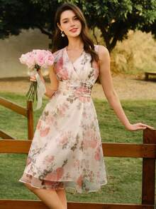 Vestido de mujer elegante vintage, vestido de verano/primavera con ajuste, estampado floral y cuello en V sin mangas, vestido con dobladillo de paraguas floral rosa - Albaricoque 2 - Ver 10