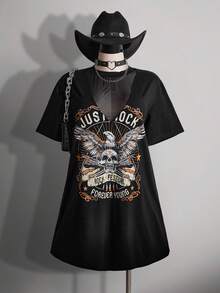 SHEIN ICON 大码女式V领网纱拼接T恤裙 - 黑色 - 查看 1