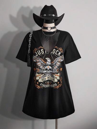 SHEIN ICON Plus Size Women's Spring/Summer Retro Sexy Casual Street Style Urban Modern Fashion Individualistic Avant-Garde Bold Bohemian Punk Gothic Music Festival Outfit Mesh Patchwork Skull Pattern Black T-Shirt Dress