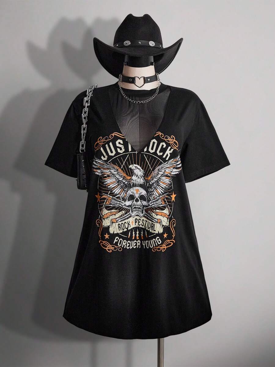 SHEIN ICON 大码女式V领网纱拼接T恤裙 - 黑色 - 查看 1