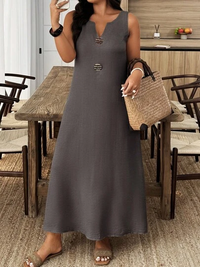 Breezaya 大码纯色翻领休闲百搭无袖连衣裙
