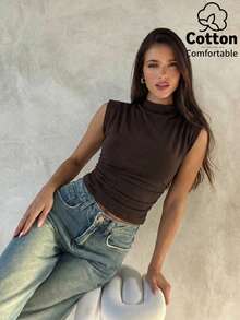 Aloruh 女士休闲优雅纯棉T恤，夏季上衣，短款T恤，日常外套，棕色T恤 - 棕色 - 查看 7