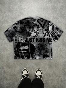 Manfinity ZONE917 Áo thun crop top dáng rộng, thoải mái kiểu streetwear với họa tiết graffiti môi đỏ "JUST" - Nhiều màu - Xem 5