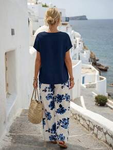 Faunlyn 波西米亚风两件套，含印花长裤和圆领上衣，女士夏季服装，女士阔腿裤，印花阔腿裤，夏季裤装套装，两件套夏季休闲装 - 彩色 - 查看 4