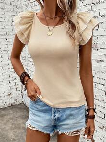 SHEIN Clasi Cap Sleeve Embroidered Floral Casual Elegant Vacation T-Shirt,Summer Top - Apricot - View 5