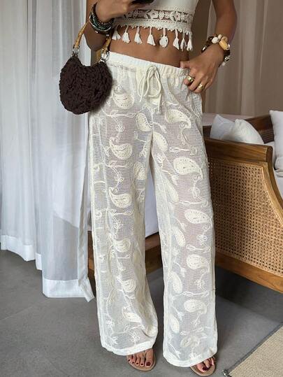 Sunnyshic 女士杏色松紧腰系带镂空佩斯利提花宽松休闲裤，适合波西米亚风休闲派对、音乐节等场合。