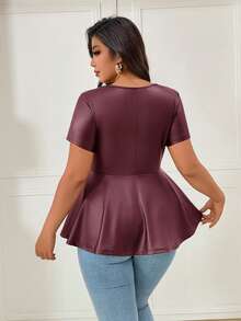 Femmeverse Women's Plus Size New Solid Color Square Neck Keyhole A-Line Elastic PU Top, Slimming And Hip Covering - Burgundy - View 2