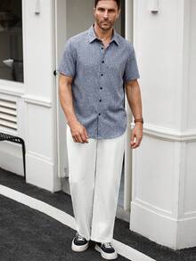 Manfinity Homme Manfinity CasualCool 男士亚麻条纹短袖衬衫，适合夏季日常通勤 - 灰色 - 查看 4