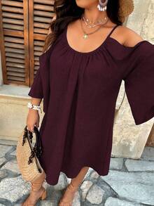Weeklong Plus Size Round Neck Ruched Pleated Split Flare 3/4 Sleeve Casual A-Line Dress - Redwood - View 6