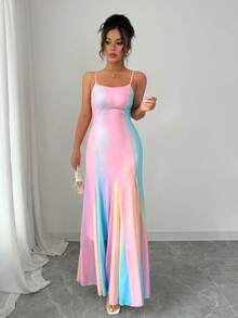 Rafferiza Summer Dopamine Girl Sweet Rainbow Chiffon Dress, Elegant Lady Vacation Spaghetti Strap French Style Dress - Pink - View 4