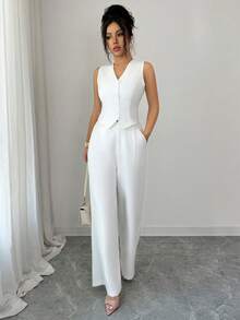 Elenzga 女士优雅通勤办公套装，白色编织撞色蕾丝无袖背心+直筒阔腿裤，女士工作服两件套优雅套装，女士商务休闲装，女士工作背心白色阔腿裤，女士正式服装工作服 - 白色 - 查看 6