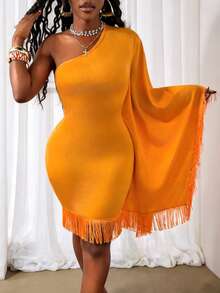 Glyssa Vestido curto feminino sexy com um ombro só e franjas. - Laranja - Ver 1