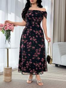 Feyla Plus Size Elegant Floral Print Off Shoulder Dress, Summer Wedding Guest Black And White - Black - View 7