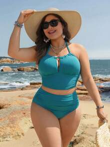 Swim Lushoire 2026 New Summer Beach Vacation Comfortable Textured Supportive Green Tankini Top + High Waist Slimming Plus Size Bikini Bottom, Plus Size Swimwear Set - Green - View 6