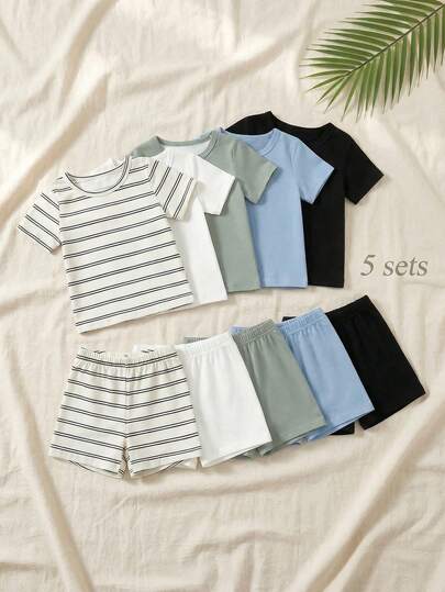 SHEIN 5 Packs Toddler Boy Kids Casual Style Striped And Solid Color Crew Neck Short Sleeve Soft Breathable Category Tops Shirts T-Shirts And Shorts Pants Trousers 2 Piece Sets Outfit For  Vacation Summer Season