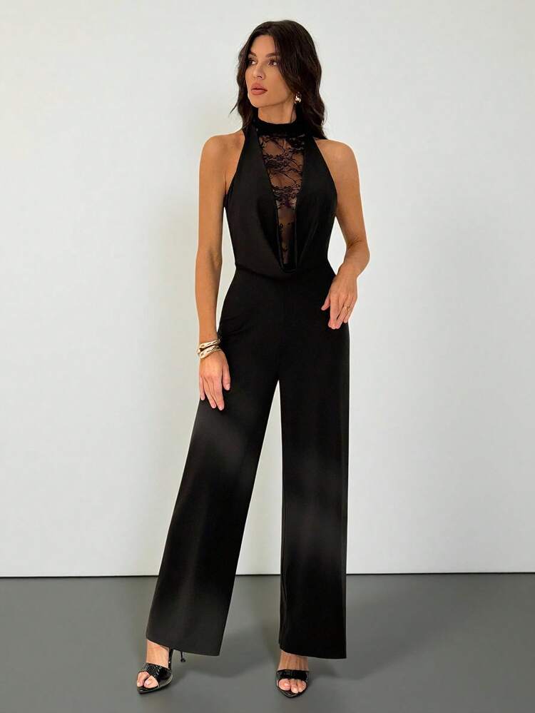 SHEIN Tall Combinaison sans manches femme de couleur unie avec empiècement en dentelle, combinaison noire avec garniture en dentelle, convient pour les fêtes, les occasions formelles, les cocktails, les événements de vacances, les tenues de Noël et du Nouvel An. - Noir - Voir 5