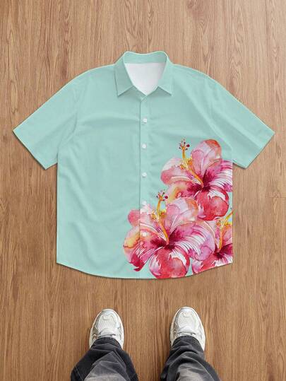 Manfinity RSRT Camisa casual de manga corta con botones y estampado para vacaciones para hombres