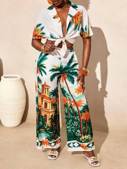 BamGleam Women's Summer Coconut Tree Print Short Sleeve Shirt And Long Pants 2 Pieces Vacation Set Beach Outfits For Women , Beach Outfit For Women , Beach Outfits , Beach Outfit ,, Summer , Summer Clothes  , Summer Outfits For Women , Summer Outfits ,  Summer Outfit For Women , Beach Vacation Outfits For Women , Vacation Outfits Women  , Holiday Outfits For Women  , Vacation  , Holiday  , Summer Holiday Outfits , Holiday Outfits  , Vacation Outfits For Women , Vacation Dresses Vacation Dress  , Beach Vacation Outfits For Women