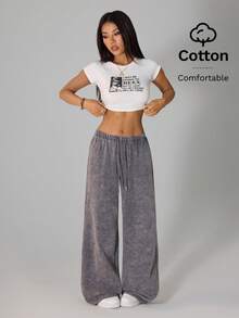 SHEIN PETITE 浅灰色女士休闲低腰直筒运动裤，适合夏季穿着，水洗雪花效果 - 淺灰色 - 查看 5