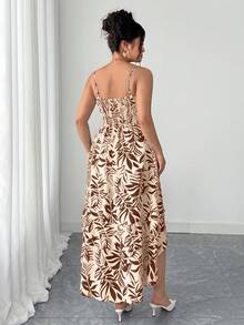 Elenzga Plus Size Women's Elegant Shirred Sleeveless Printed Asymmetric Hem Dress, Spring/Summer - Coffee Brown - View 2