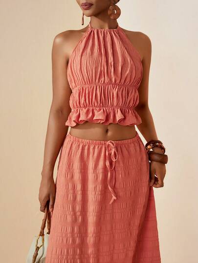 Zivah 2026 Spring New Mediterranean Holiday Style Music Festival Easter Western Nomadic Birthday Party Halter Tie Back Crop Top And Elastic Waist Pleated Hem Skirt Women 2-Piece Set