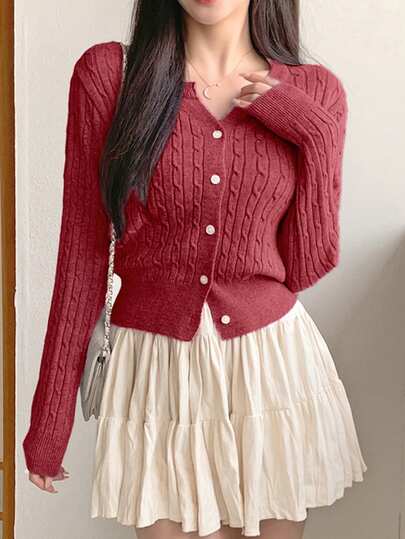 DAZY Women Plain Color Button Up Front Cable Knit Cardigan, Casual Everyday Wear, Autumn/Winter