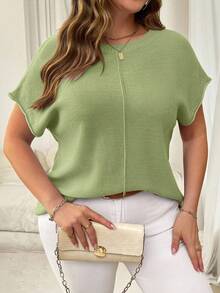 Vionelle Plus Size Solid Color Minimalist Knit Top, Suitable For Commuting - Green - View 2