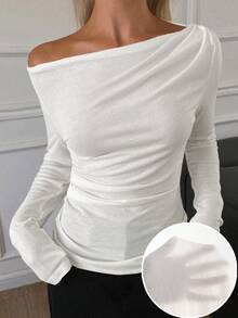 DAZY Women's Elegant City Casual Slim Fit Off Shoulder Long Sleeve T-Shirt - White - View 1