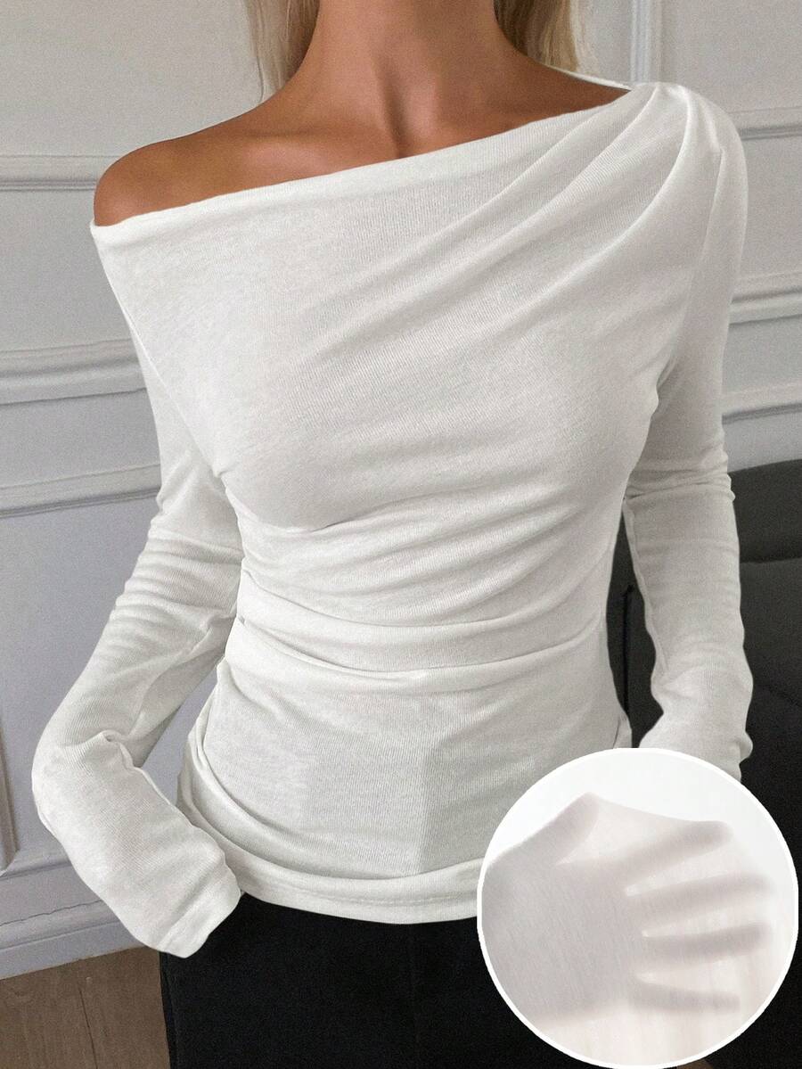 DAZY Women's Elegant City Casual Slim Fit Off Shoulder Long Sleeve T-Shirt - White - View 1