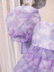 SHEIN 少女雪纺碎花方领泡泡袖蝴蝶结休闲连衣裙 - 彩色 - 查看 7
