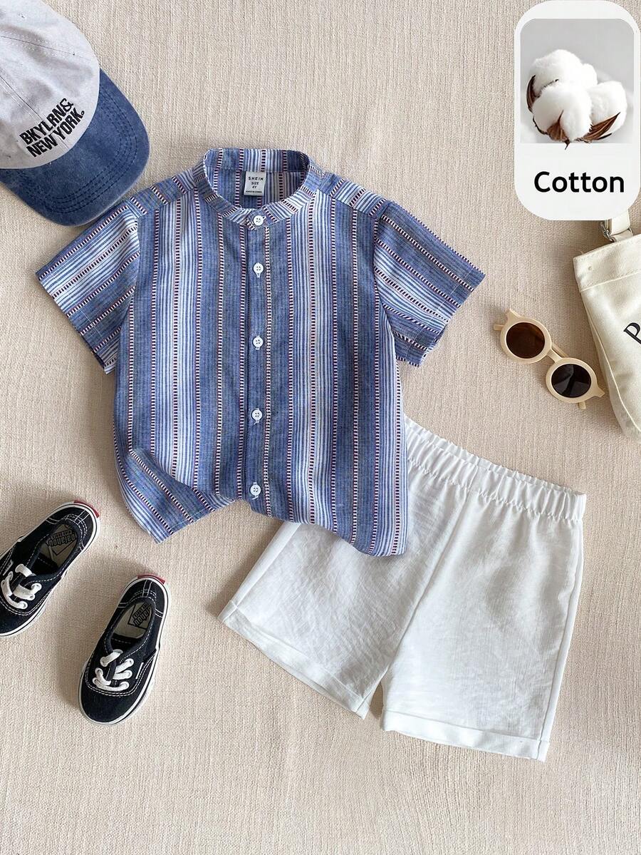 PrepCrw 2pcs Young Boys Elegant Urban College Blue & White Striped Woven Slim Fit Mandarin Collar Short Sleeve Top And White Shorts, Suitable For Casual Daily, Outings, Gatherings, Festivals, Spring & Summer - Multicolor - View 1