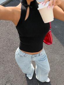 Muchica Women's Black Buttoned Collar Knit Top - Black - View 6