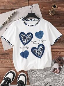 豹纹撞色滚边圆领宽松针织爱心字母图案休闲上衣，适合夏季通勤、居家及所有季节穿着。 - 粉色 - 查看 2