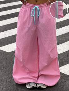 Muchica Casual Sports Colorblock Striped Wide Leg Pants - Pink - View 3