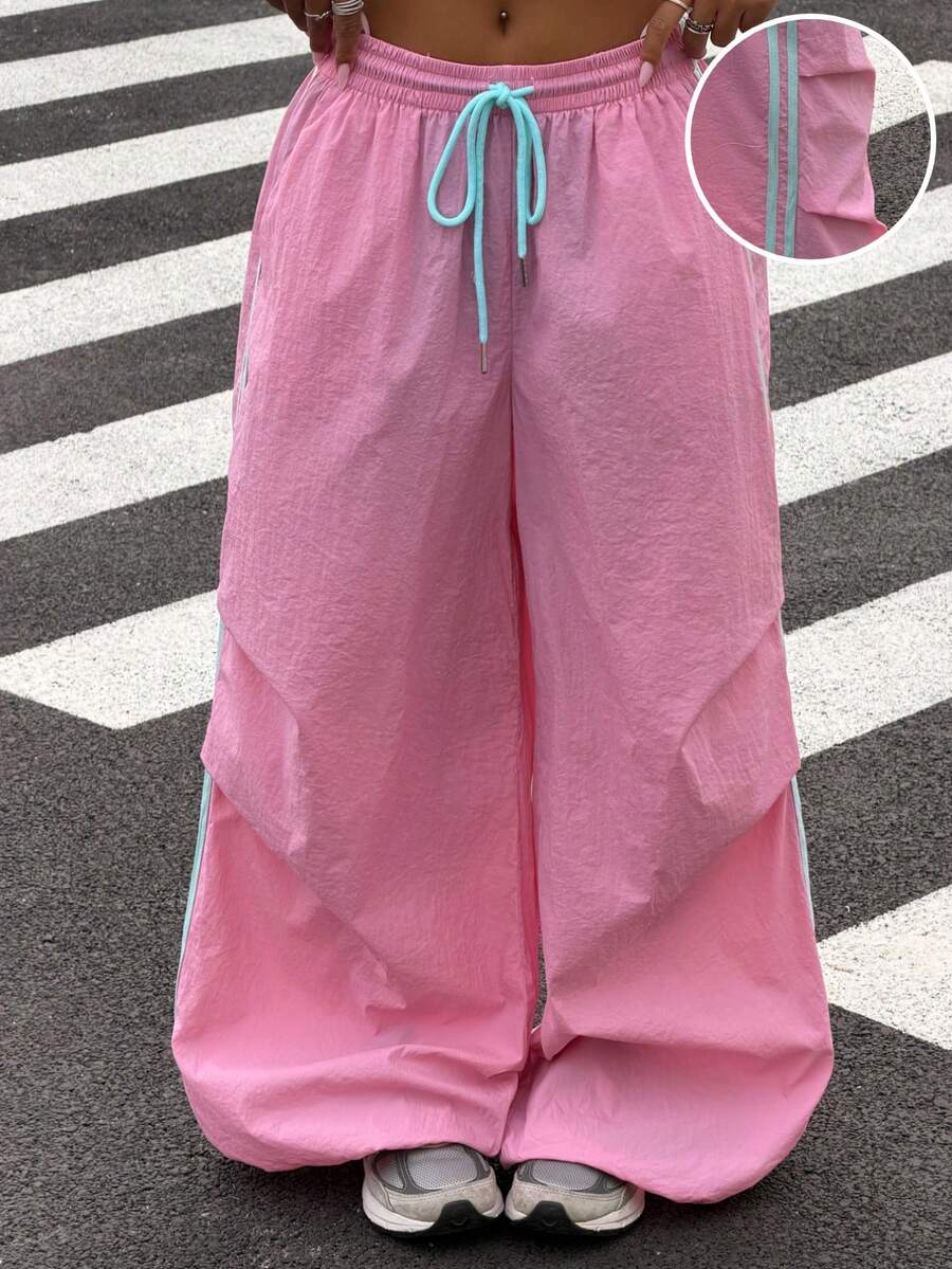SHEIN Muchic Casual Sports Colorblock Striped Wide Leg Pants - Pink - View 1