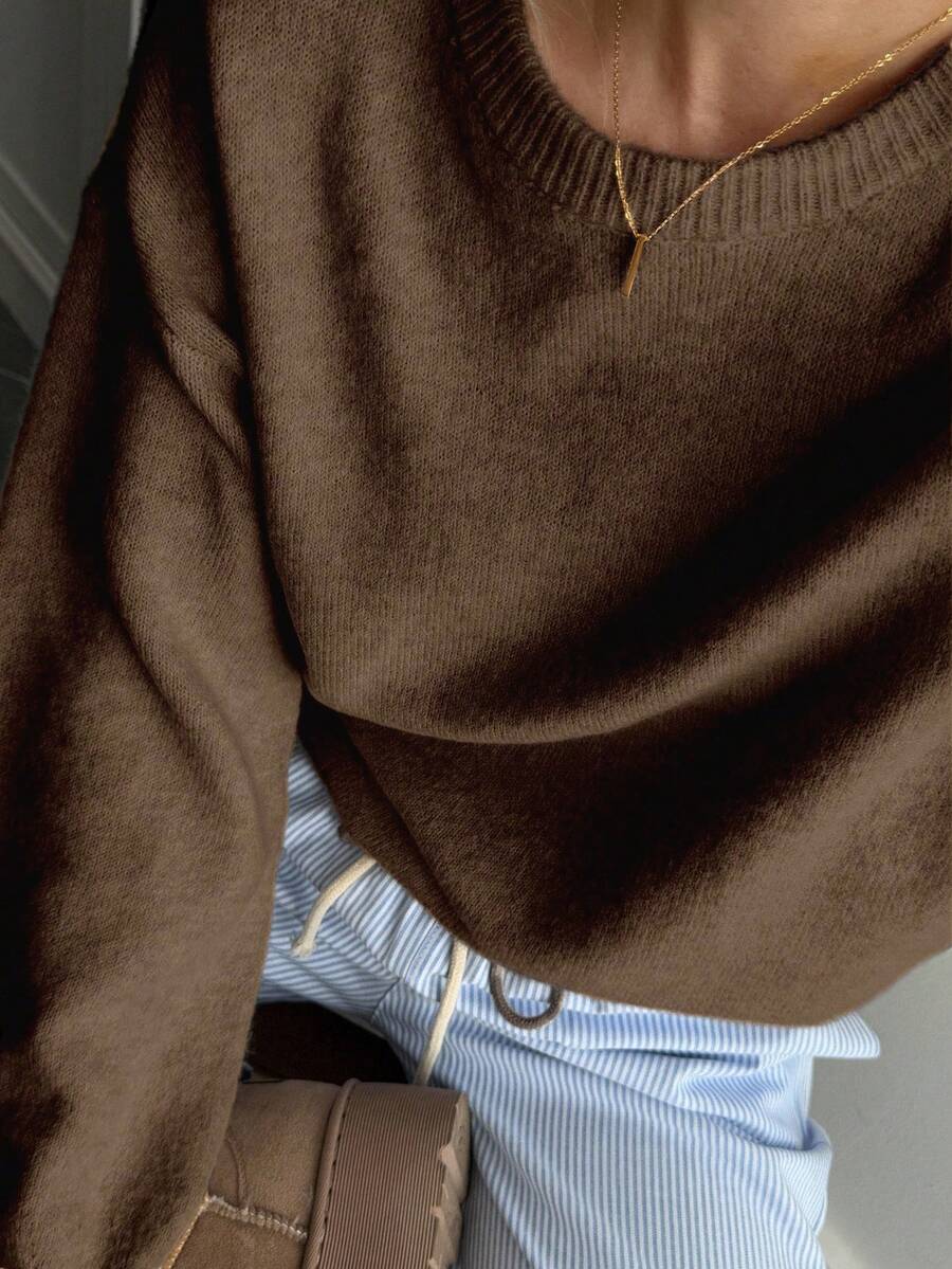 DAZY Suéter holgado y casual de cuello redondo para mujer, nueva llegada de otoño/invierno - Marrón - Ver 1