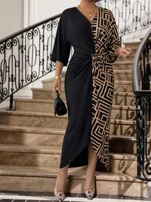 SHEIN Lady Đầm ôm dáng thanh lịch cổ chữ V in họa tiết hình học cỡ lớn - Nhiều màu - Xem 6