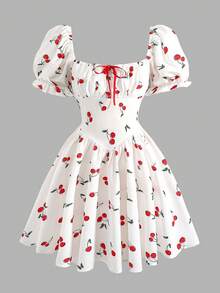 Girlism 少女白色和红色樱桃印花褶皱胸腰泡泡袖可爱短裙，度假款 - 白色 - 查看 3