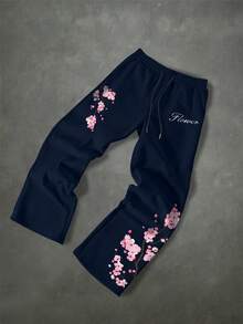 Manfinity EMRG Quần nỉ nam in chữ và hoa, cạp chun, kiểu dáng thường ngày, có dây rút. - Xanh đậm - Xem 2