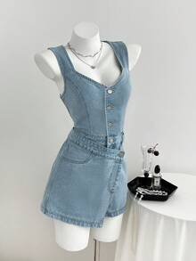 Elamini Y2K Fashion Casual V-Neck Denim Romper - Light Wash - View 3