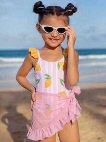 Young Girl Striped Lemon Print Flutter Sleeve One-Piece Swimsuit With Matching Skirt, Suitable For Beach Vacation, Pool Party, Beach Party - Multicolor - View 1