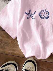 Light Pink, Fashionable Retro Beach Floral & Shell Print Tween Girl Casual Minimalist Short Sleeve Round Neck T-Shirt, Suitable For Spring/Summer Daily Wear - Multicolor - View 5